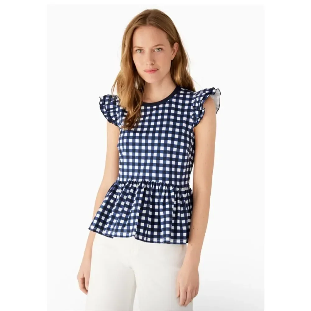 Kate Spade blue white gingham peplum blouse flutter sleeve M